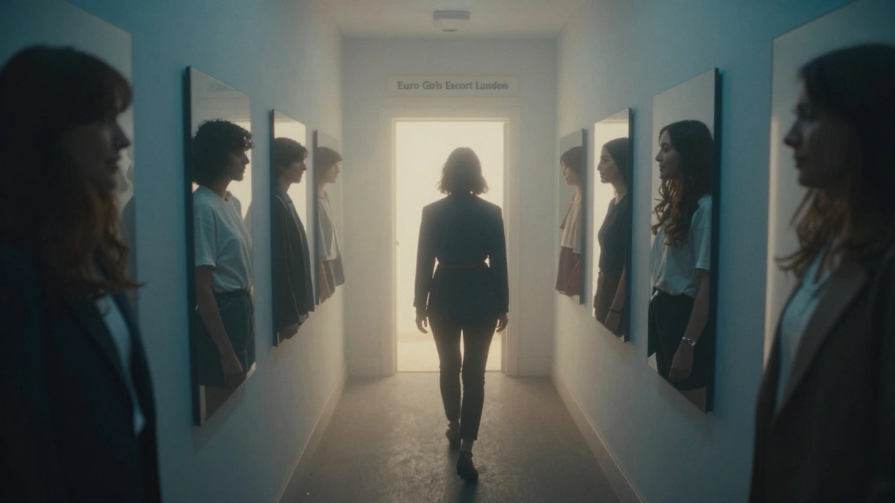 A person walking through a foggy hallway with floating mirrors showing different versions of themselves.