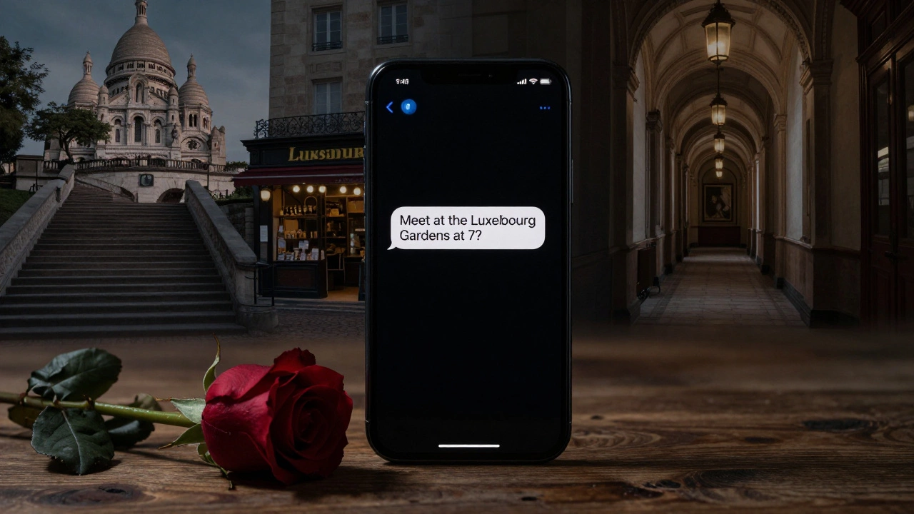 A phone showing a Telegram message with a rose beside it, blurred French landmarks in the background.