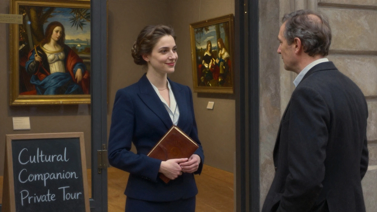 A woman in a suit standing beside a museum visitor in Lyon, holding a book, soft gallery light illuminating them both.