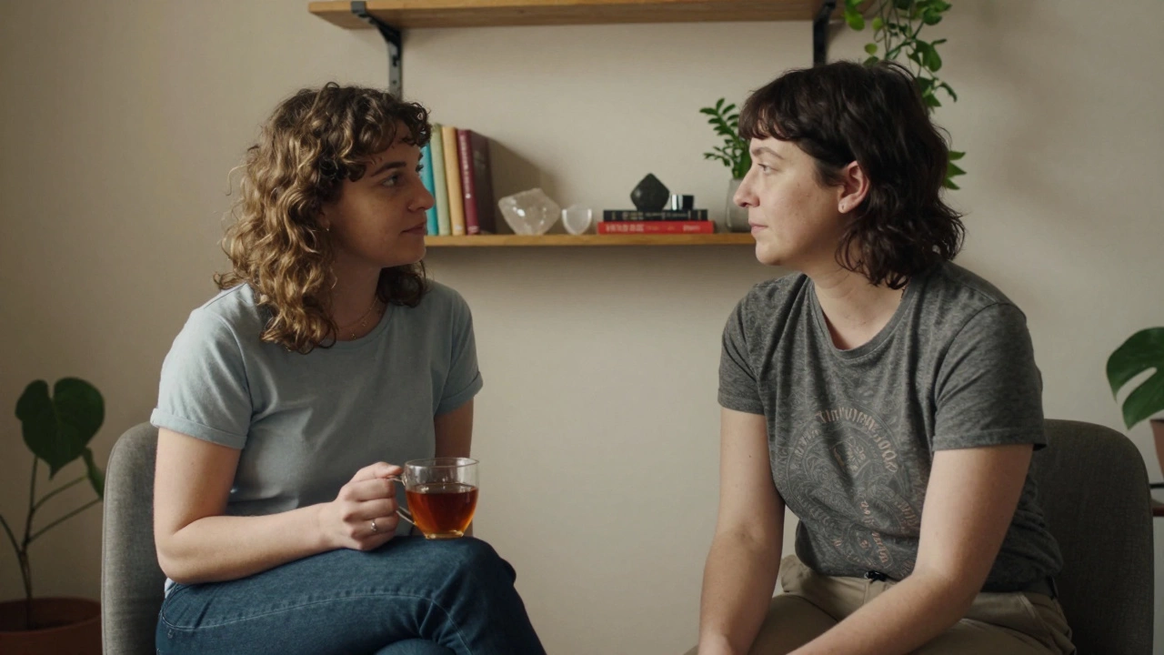 Two people sitting calmly in a warm, plant-filled room, sharing a quiet moment of trust and respect.